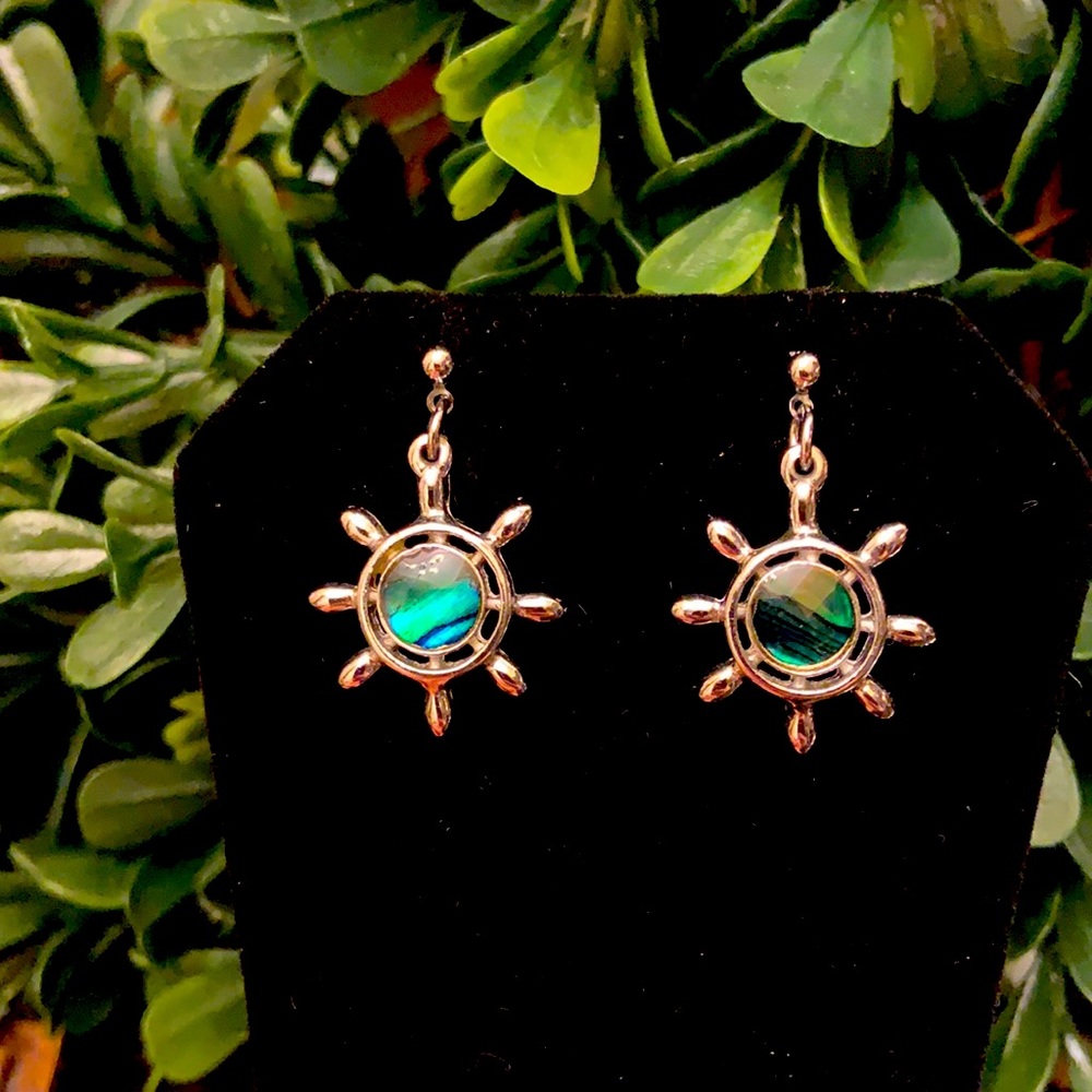 Nautical Ship Wheel Abalone Shell Center Earrings